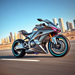 A futuristic superbike with sleek, aerodynamic design, polished metallic surfaces reflecting the sunlight, glowing LED accents in vibrant blue and red along the chassis, large racing tires, and high-tech digital dashboard displays