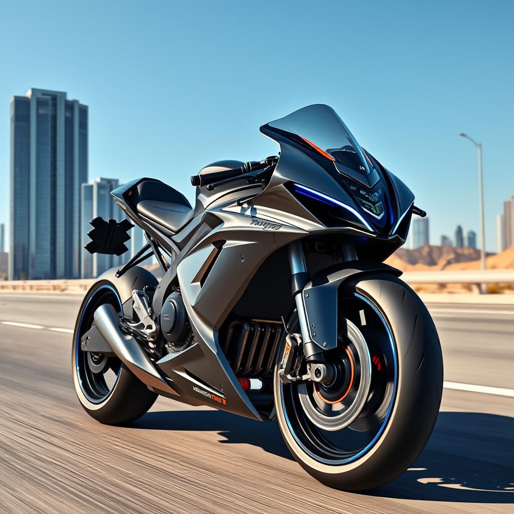 A futuristic superbike with sleek, aerodynamic design, polished metallic surfaces reflecting the sunlight, glowing LED accents in vibrant blue and red along the chassis, large racing tires, and high-tech digital dashboard displays