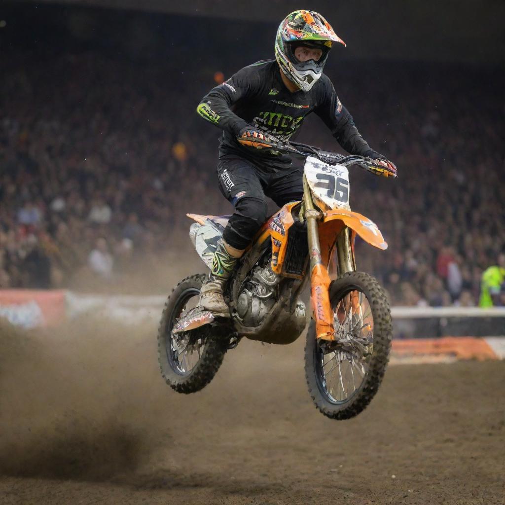 A dynamic action shot of a supercross rider, soaring through the air in mid-jump, dirt flying from his bike's tires.