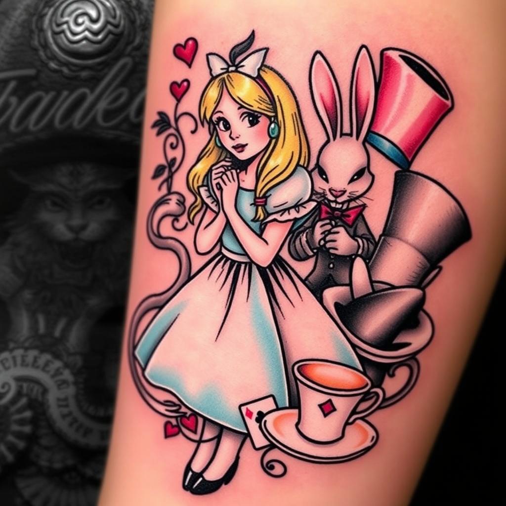 A tattoo design inspired by "Alice in Wonderland," featuring Alice in her iconic dress surrounded by whimsical elements from the story