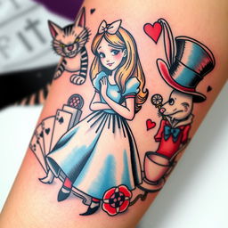 A tattoo design inspired by "Alice in Wonderland," featuring Alice in her iconic dress surrounded by whimsical elements from the story