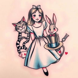 A tattoo design inspired by "Alice in Wonderland," featuring Alice in her iconic dress surrounded by whimsical elements from the story