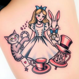 A tattoo design inspired by "Alice in Wonderland," featuring Alice in her iconic dress surrounded by whimsical elements from the story