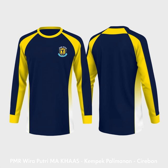 A sporty long-sleeve t-shirt with a navy and yellow color variation