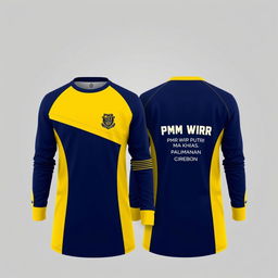 A sporty long-sleeve t-shirt with a navy and yellow color variation