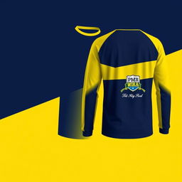 A sporty long-sleeve t-shirt with a navy and yellow color variation