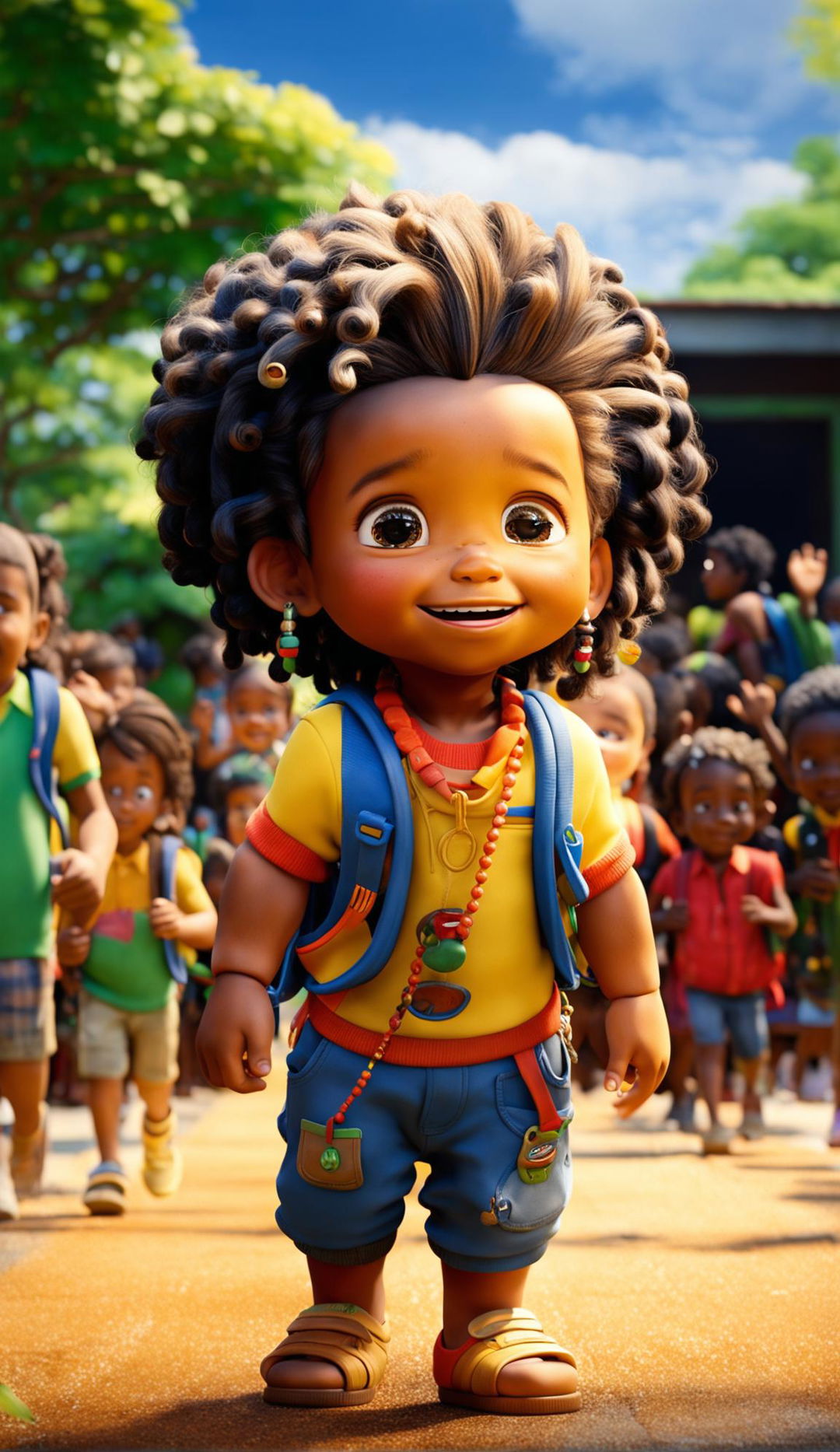 A two-year-old Jamaican child in Rastafarian style on his first day of school with a backpack, in a Pixar animation.