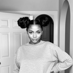 A confident woman posing in front of a mirror, wearing a casual gray sweatshirt, her hair styled in two buns