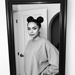 A confident woman posing in front of a mirror, wearing a casual gray sweatshirt, her hair styled in two buns