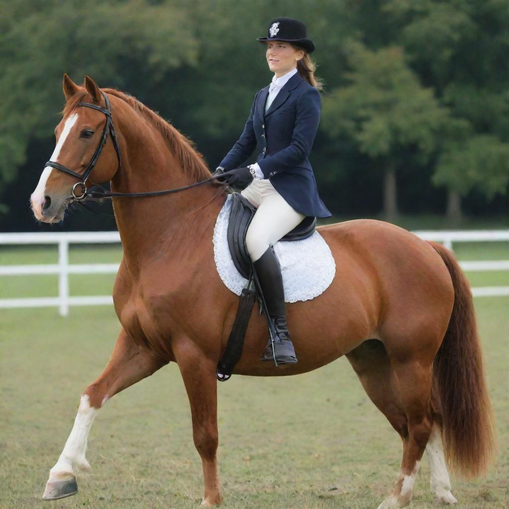 A 19-year-old royal girl gracefully riding bareback on a majestic chestnut horse in elegant attire