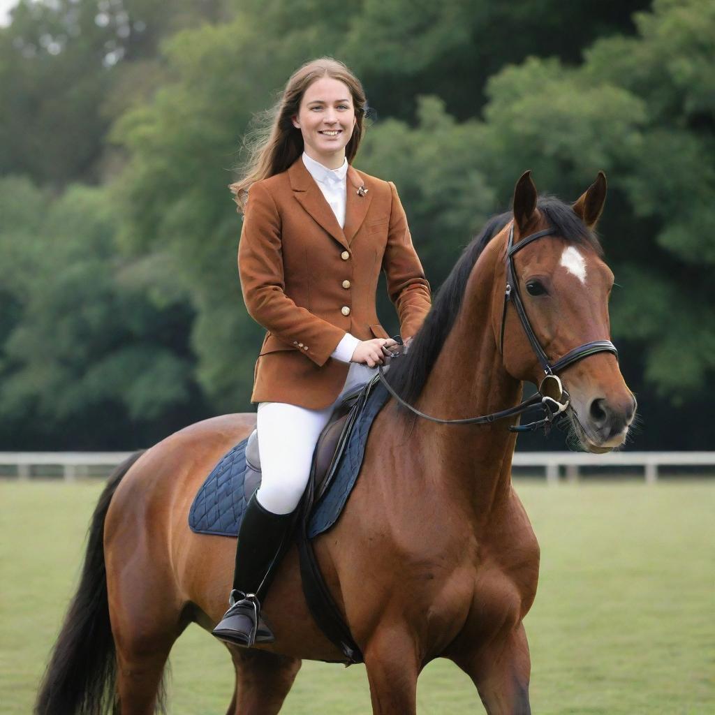 A 19-year-old royal girl gracefully riding bareback on a majestic chestnut horse in elegant attire