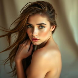 a nude beautiful young woman posing gracefully with soft natural lighting emphasizing her elegant features and smooth skin, surrounded by a serene and ethereal atmosphere