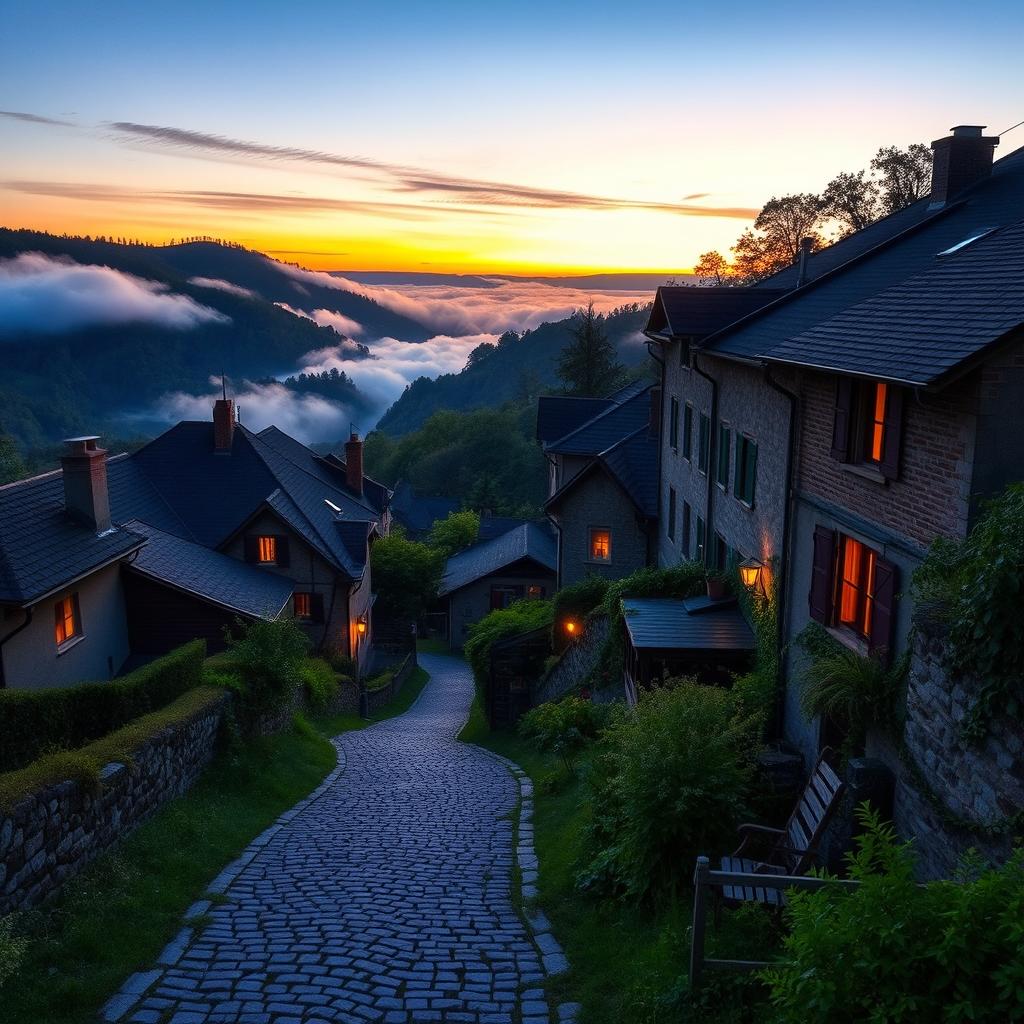 a picturesque hilly village scene at dusk, featuring quaint houses with warm glowing windows, nestled among rolling hills