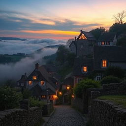 a picturesque hilly village scene at dusk, featuring quaint houses with warm glowing windows, nestled among rolling hills