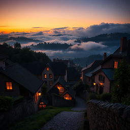 a picturesque hilly village scene at dusk, featuring quaint houses with warm glowing windows, nestled among rolling hills