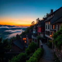 a picturesque hilly village scene at dusk, featuring quaint houses with warm glowing windows, nestled among rolling hills