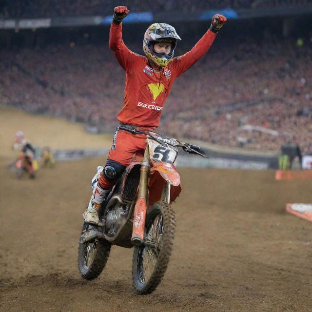 Ken Roczen, the renowned supercross rider, exuberantly crossing the finish line, raising his fist triumphantly as he seizes victory.