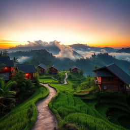 a breathtaking view of a Southeast Asian hilly village at dusk, showcasing traditional wooden houses on stilts surrounded by lush, tropical vegetation