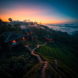 a breathtaking view of a Southeast Asian hilly village at dusk, showcasing traditional wooden houses on stilts surrounded by lush, tropical vegetation