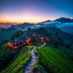 a breathtaking view of a Southeast Asian hilly village at dusk, showcasing traditional wooden houses on stilts surrounded by lush, tropical vegetation