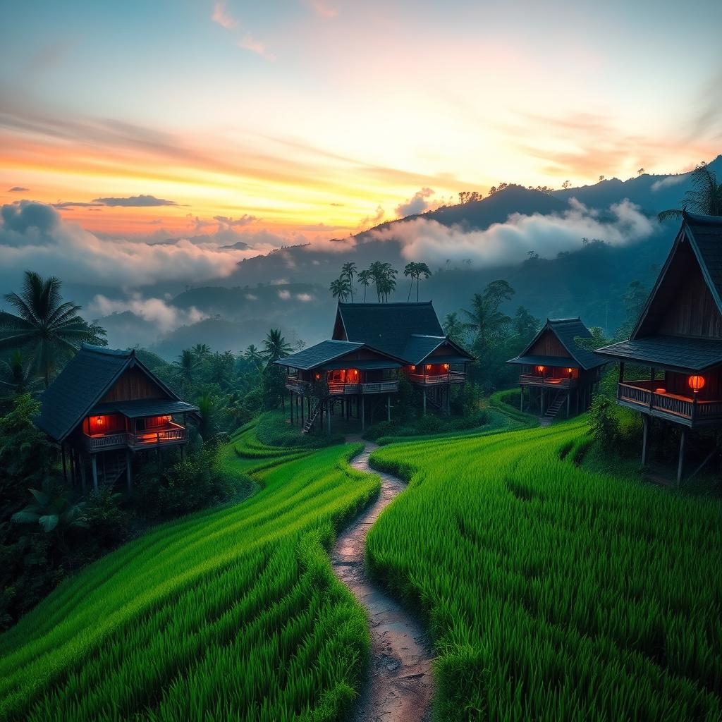 a breathtaking view of a Southeast Asian hilly village at dusk, showcasing traditional wooden houses on stilts surrounded by lush, tropical vegetation