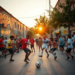 A lively scene at a street soccer match on a vibrant neighborhood street, with a group of enthusiastic players of various ages and backgrounds