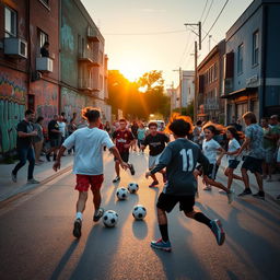 A lively scene at a street soccer match on a vibrant neighborhood street, with a group of enthusiastic players of various ages and backgrounds