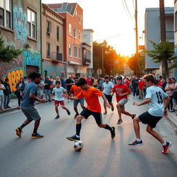 A lively scene at a street soccer match on a vibrant neighborhood street, with a group of enthusiastic players of various ages and backgrounds