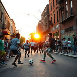 A lively scene at a street soccer match on a vibrant neighborhood street, with a group of enthusiastic players of various ages and backgrounds