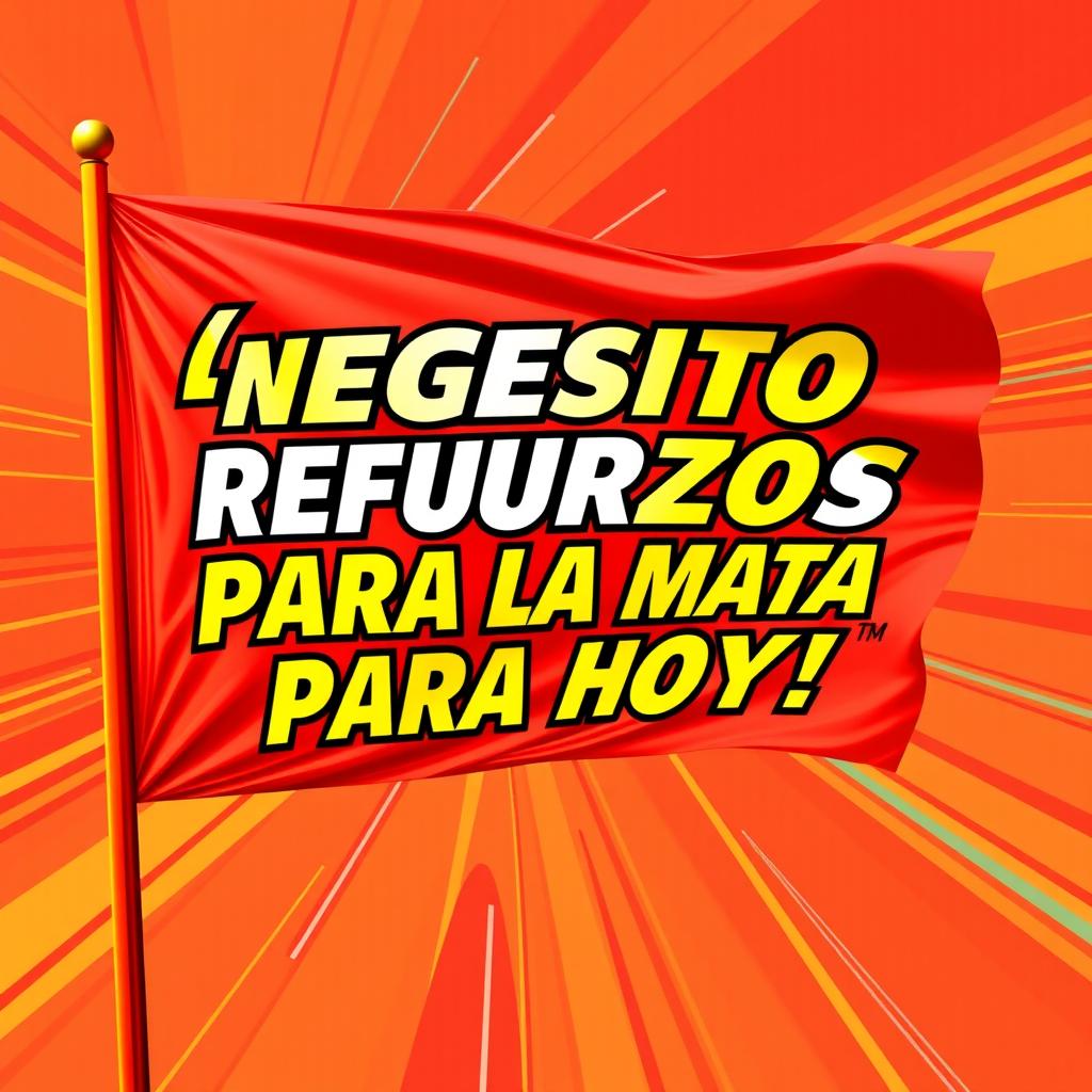 A dynamic image of a flag that displays the text "¡Necesito refuerzos para la mata para hoy!" in bold, energetic letters