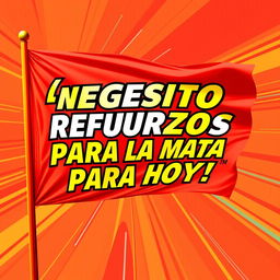 A dynamic image of a flag that displays the text "¡Necesito refuerzos para la mata para hoy!" in bold, energetic letters