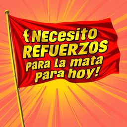 A dynamic image of a flag that displays the text "¡Necesito refuerzos para la mata para hoy!" in bold, energetic letters