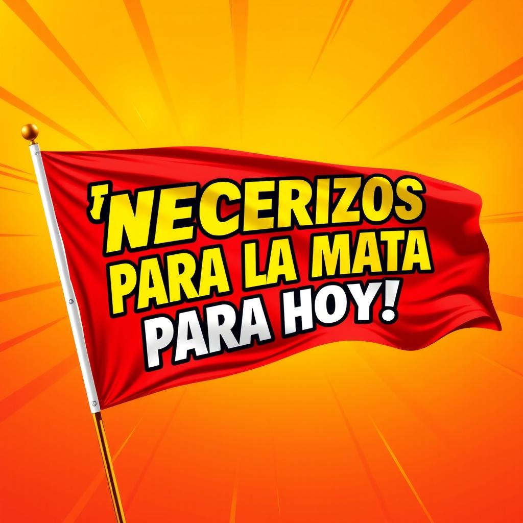 A dynamic image of a flag that displays the text "¡Necesito refuerzos para la mata para hoy!" in bold, energetic letters