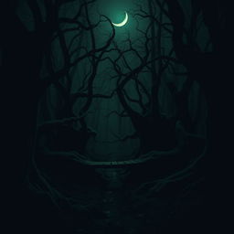 A super dark swamp scene under a crescent moon, dominated by a nearly monochromatic palette of green and shadows