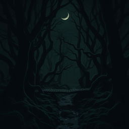 A super dark swamp scene under a crescent moon, dominated by a nearly monochromatic palette of green and shadows