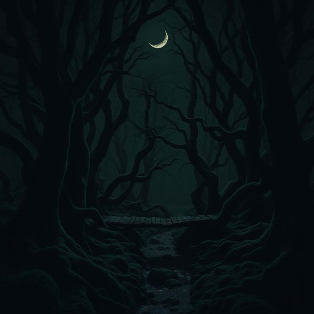 A super dark swamp scene under a crescent moon, dominated by a nearly monochromatic palette of green and shadows