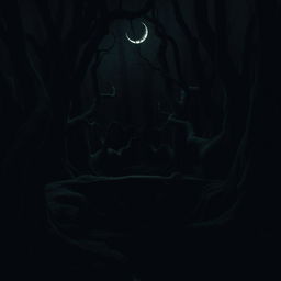 A super dark swamp scene under a crescent moon, dominated by a nearly monochromatic palette of green and shadows