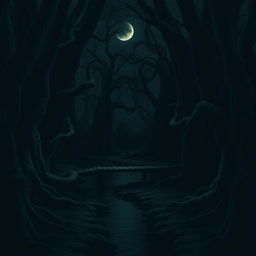 A super dark swamp scene under a crescent moon, dominated by a nearly monochromatic palette of green and shadows