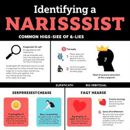 A detailed infographic illustrating common signs and lies of a narcissist