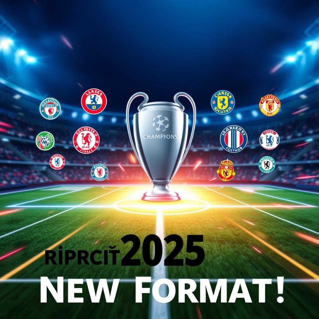 A dynamic and eye-catching YouTube thumbnail depicting the new format of the Champions League 2025