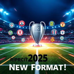 A dynamic and eye-catching YouTube thumbnail depicting the new format of the Champions League 2025