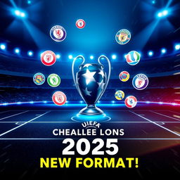 A dynamic and eye-catching YouTube thumbnail depicting the new format of the Champions League 2025