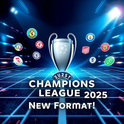 A dynamic and eye-catching YouTube thumbnail depicting the new format of the Champions League 2025