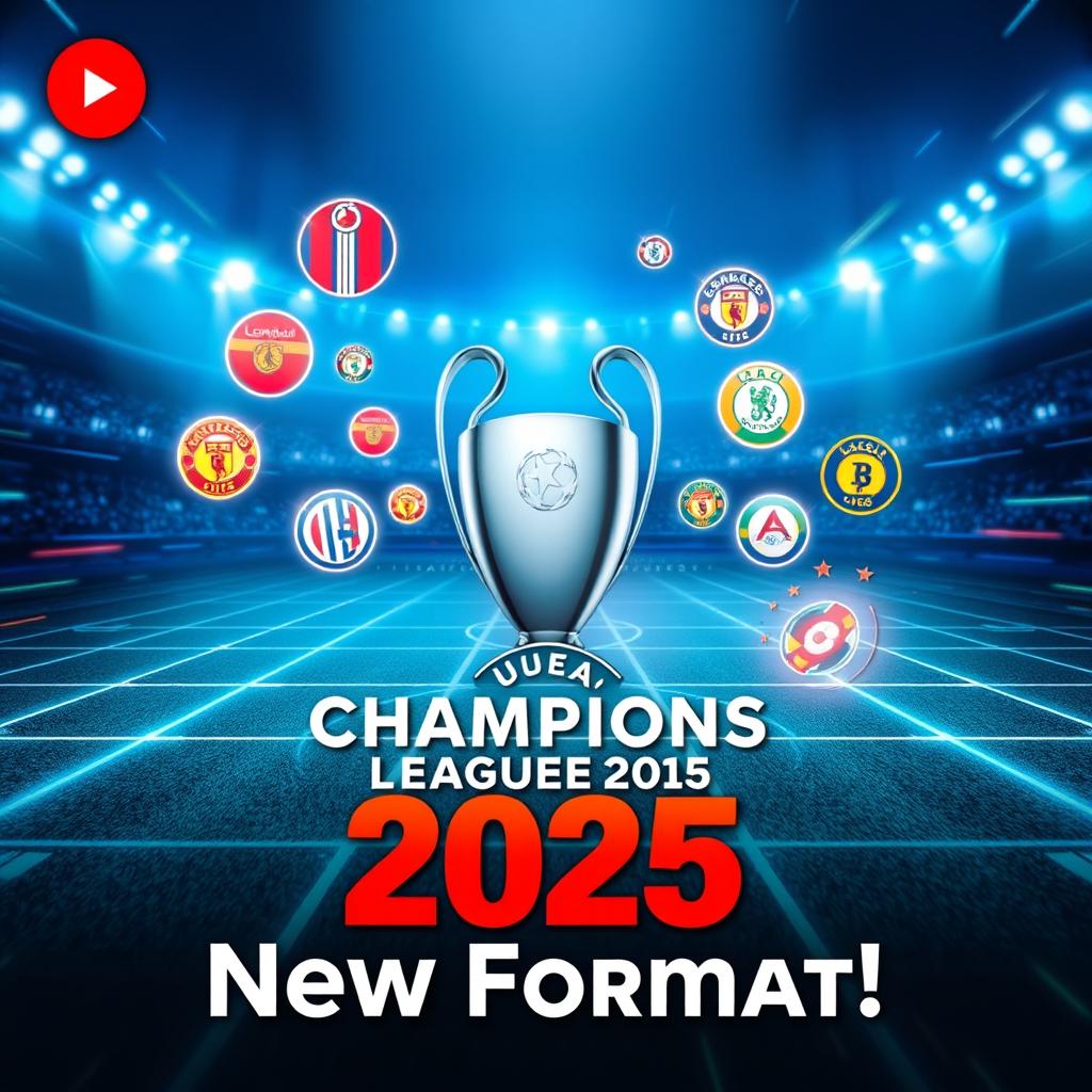 A dynamic and eye-catching YouTube thumbnail depicting the new format of the Champions League 2025