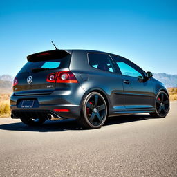 A 2007 Volkswagen Golf GTI with sleek black wheels, positioned in a dynamic angle to showcase its sporty design