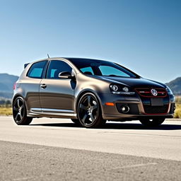 A 2007 Volkswagen Golf GTI with sleek black wheels, positioned in a dynamic angle to showcase its sporty design