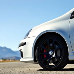 A 2007 Volkswagen Golf GTI with sleek black wheels, positioned in a dynamic angle to showcase its sporty design