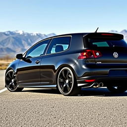 A 2007 Volkswagen Golf GTI with sleek black wheels, positioned in a dynamic angle to showcase its sporty design