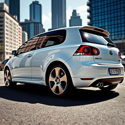 A 2007 Volkswagen Golf GTI in crisp white, featuring its iconic design