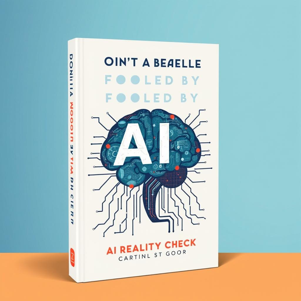 "Don't be Fooled by AI: The AI Reality Check" book cover design featuring a clever balance of technological imagery and cautionary themes